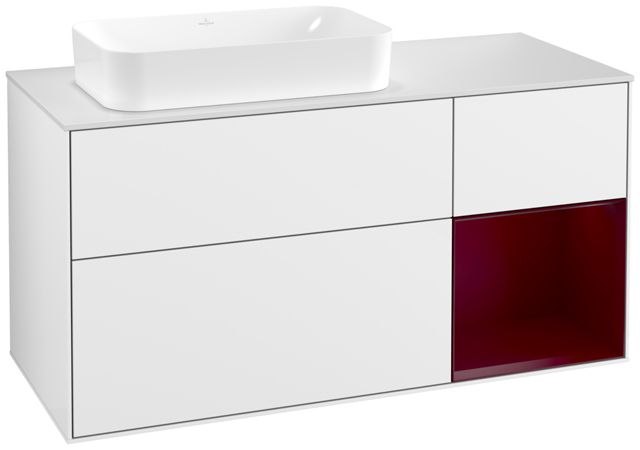 V&B Waschtisch-Unterschrank Wandbeleuchtung Finion 120cm, Abdeckplatte white matt, Regal rechts Peony, Glossy white lacquer