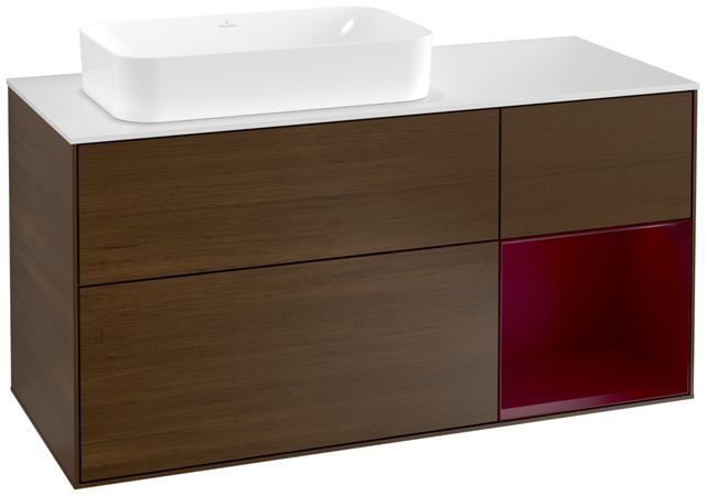 V&B Waschtisch-Unterschrank Wandbeleuchtung Finion 120cm, Abdeckplatte white matt, Regal rechts Peony, Walnut veneer