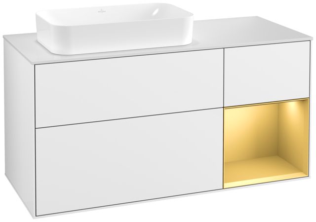 V&B Waschtisch-Unterschrank Wandbeleuchtung Finion 120cm, Abdeckplatte white matt, Regal rechts Gold matt, Glossy white lacquer