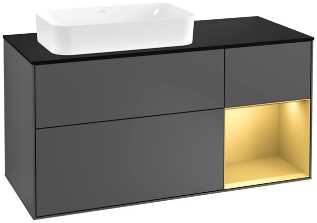 V&B Waschtisch-Unterschrank Wandbeleuchtung Finion 120cm, Abdeckplatte black matt, Regal rechts Gold matt, Anthracite matt