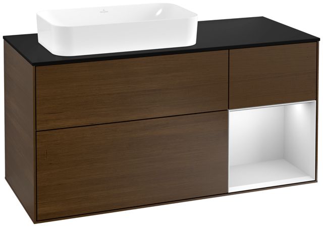 V&B Waschtisch-Unterschrank Wandbeleuchtung Finion 120cm, Abdeckplatte black matt, Regal rechts White matt lacquer, Walnut veneer