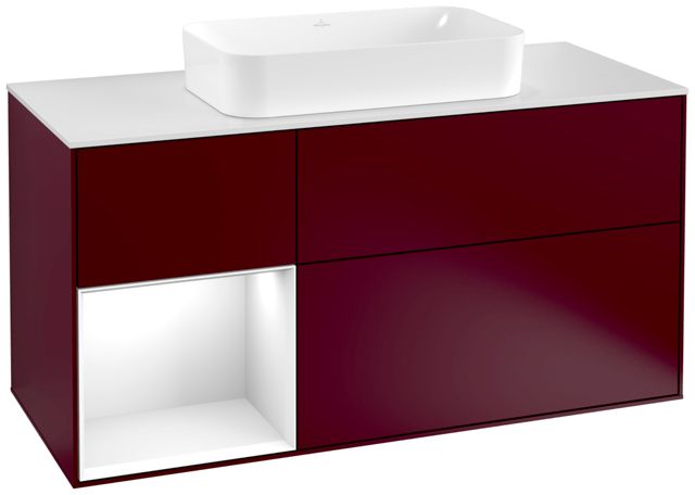 V&B Waschtisch-Unterschrank Wandbeleuchtung Finion 120cm, Abdeckplatte white matt, Regal links Glossy white lacquer, Peony Matt