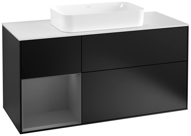 V&B Waschtisch-Unterschrank Wandbeleuchtung Finion 120cm, Abdeckplatte white matt, Regal links Anthracite matt, Black matt lacquer