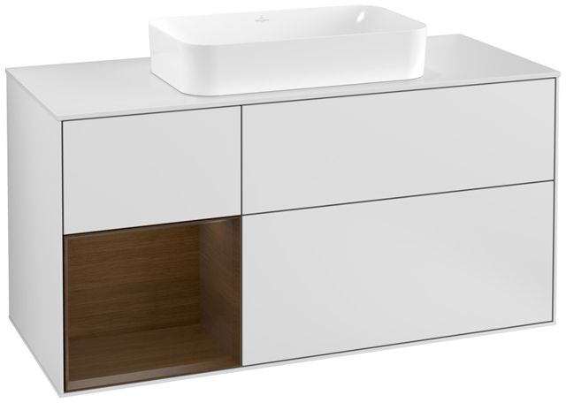 V&B Waschtisch-Unterschrank Wandbeleuchtung Finion 120cm, Abdeckplatte white matt, Regal links Walnut veneer, White matt lacquer