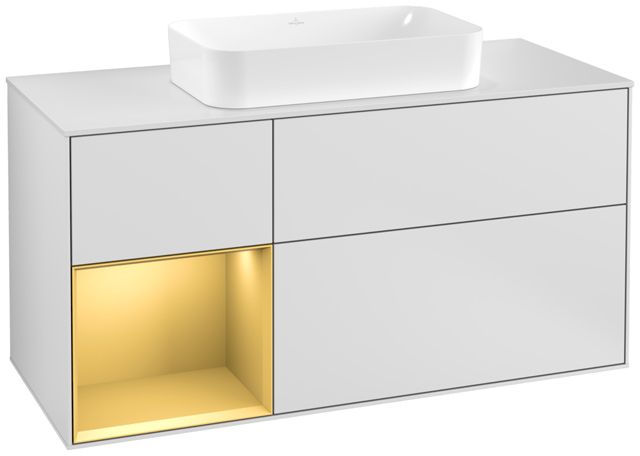 V&B Waschtisch-Unterschrank Wandbeleuchtung Finion 120cm, Abdeckplatte white matt, Regal links Gold matt, White matt lacquer