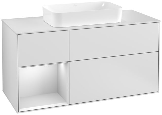 V&B Waschtisch-Unterschrank Wandbeleuchtung Finion 120cm, Abdeckplatte white matt, Regal links White matt lacquer, White matt lacquer