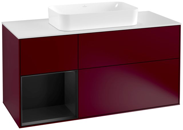 V&B Waschtisch-Unterschrank Wandbeleuchtung Finion 120cm, Abdeckplatte white matt, Regal links Black matt lacquer, Peony Matt