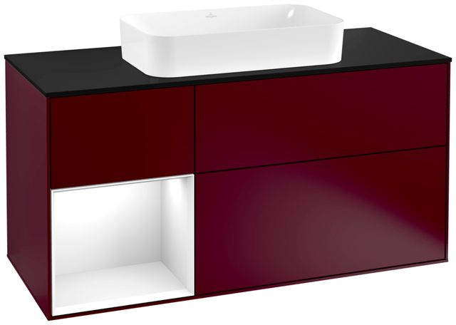 V&B Waschtisch-Unterschrank Wandbeleuchtung Finion 120cm, Abdeckplatte black matt, Regal links Glossy white lacquer, Peony Matt