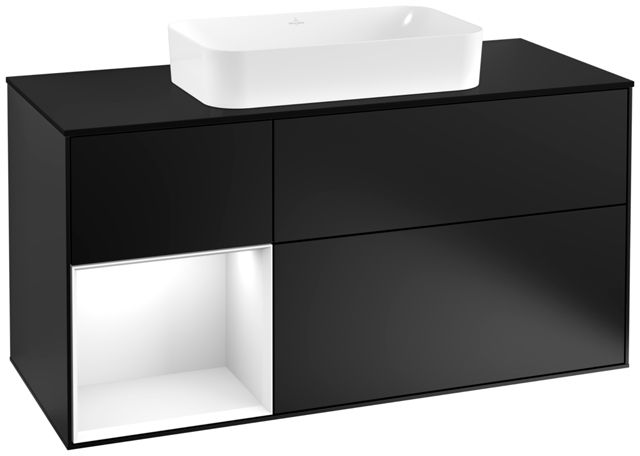 V&B Waschtisch-Unterschrank Wandbeleuchtung Finion 120cm, Abdeckplatte black matt, Regal links Glossy white lacquer, Black matt lacquer