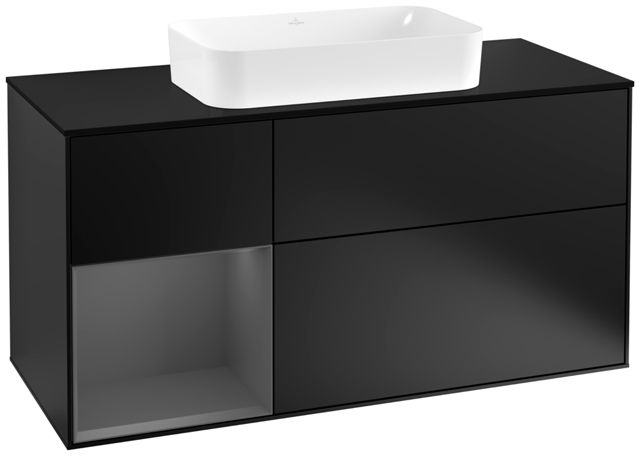 V&B Waschtisch-Unterschrank Wandbeleuchtung Finion 120cm, Abdeckplatte black matt, Regal links Anthracite matt, Black matt lacquer