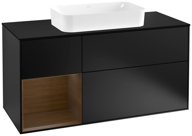 V&B Waschtisch-Unterschrank Wandbeleuchtung Finion 120cm, Abdeckplatte black matt, Regal links Walnut veneer, Black matt lacquer