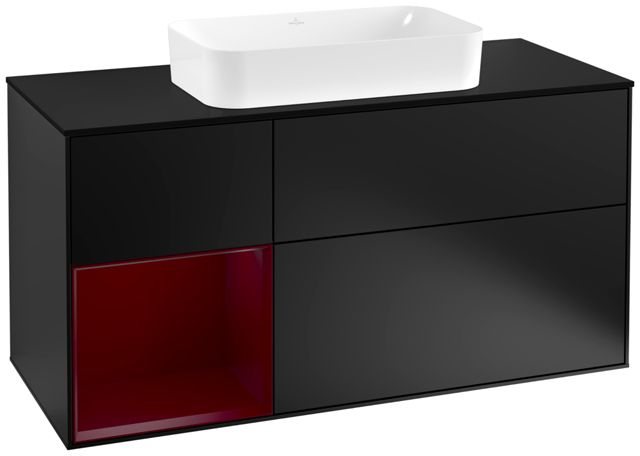 V&B Waschtisch-Unterschrank Wandbeleuchtung Finion 120cm, Abdeckplatte black matt, Regal links Peony, Black matt lacquer