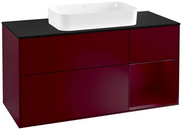 V&B Waschtisch-Unterschrank Wandbeleuchtung Finion 120cm, Abdeckplatte black matt, Regal rechts Peony, Peony Matt