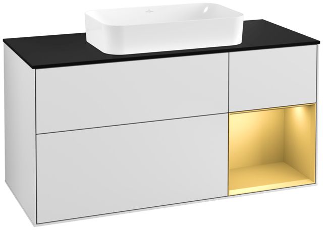 V&B Waschtisch-Unterschrank Wandbeleuchtung Finion 120cm, Abdeckplatte black matt, Regal rechts Gold matt, White matt lacquer