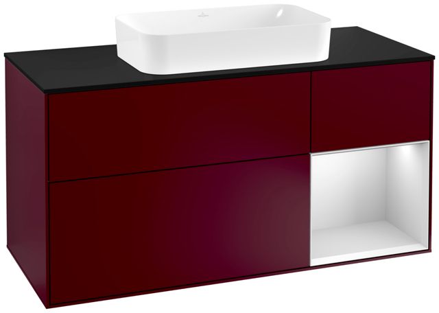 V&B Waschtisch-Unterschrank Wandbeleuchtung Finion 120cm, Abdeckplatte black matt, Regal rechts White matt lacquer, Peony Matt