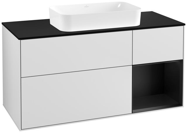 V&B Waschtisch-Unterschrank Wandbeleuchtung Finion 120cm, Abdeckplatte black matt, Regal rechts Black matt lacquer, White matt lacquer