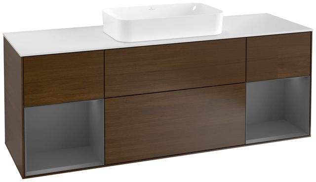 V&B Waschtisch-Unterschrank Wandbeleuchtung Finion 160cm, Abdeckplatte white matt, Regal Anthracite matt lacquer, Walnut veneer