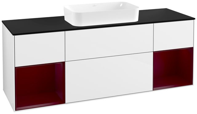 V&B Waschtisch-Unterschrank Wandbeleuchtung Finion 160cm, Abdeckplatte black matt, Regal Peony matt lacquer, Glossy white lacquer