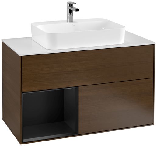 V&B Waschtisch-Unterschrank Wandbeleuchtung Finion 100cm, Abdeckplatte white matt, Regal links Black matt lacquer, Walnut veneer