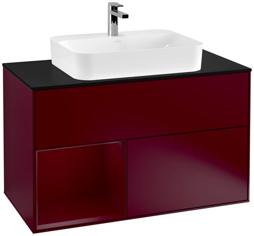 V&B Waschtisch-Unterschrank Wandbeleuchtung Finion 100cm, Abdeckplatte black matt, Regal links Peony, Peony Matt