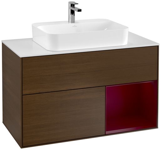 V&B Waschtisch-Unterschrank Wandbeleuchtung Finion 100cm, Abdeckplatte white matt, Regal rechts Peony, Walnut veneer