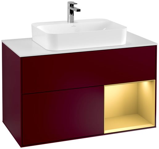 V&B Waschtisch-Unterschrank Wandbeleuchtung Finion 100cm, Abdeckplatte white matt, Regal rechts Gold matt, Peony Matt