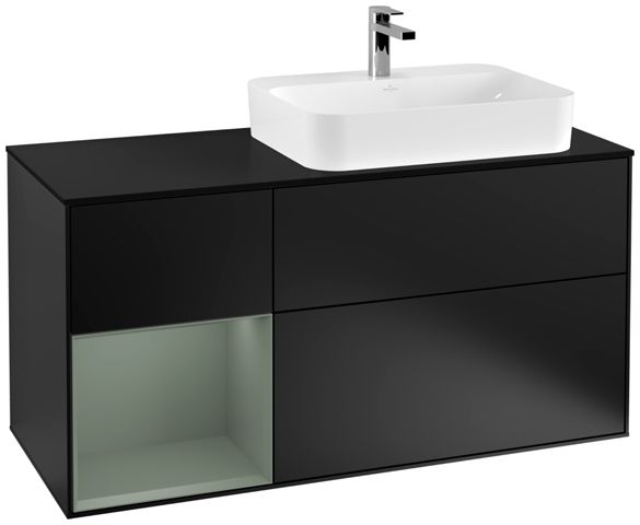 V&B Waschtisch-Unterschrank Wandbeleuchtung Finion 120cm, Abdeckplatte black matt, Regal links Olive Matt Lacquer, Black matt lacquer