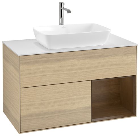 V&B Waschtisch-Unterschrank Wandbeleuchtung Finion 100cm, Abdeckplatte white matt, Regal Walnut Veneer, Oak Veneer