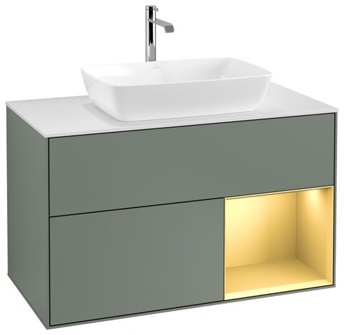 V&B Waschtisch-Unterschrank Wandbeleuchtung Finion 100cm, Abdeckplatte white matt, Regal Gold matt lacquer, Olive Matt Lacquer