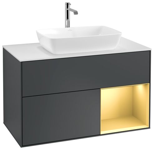 V&B Waschtisch-Unterschrank Wandbeleuchtung Finion 100cm, Abdeckplatte white matt, Regal Gold matt lacquer, Midnight Blue Matt Lacquer