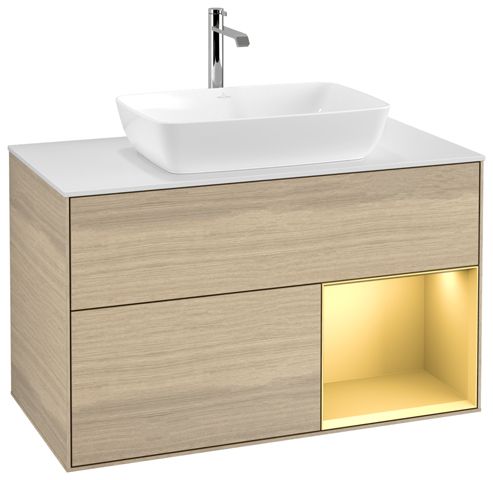 V&B Waschtisch-Unterschrank Wandbeleuchtung Finion 100cm, Abdeckplatte white matt, Regal Gold matt lacquer, Oak Veneer