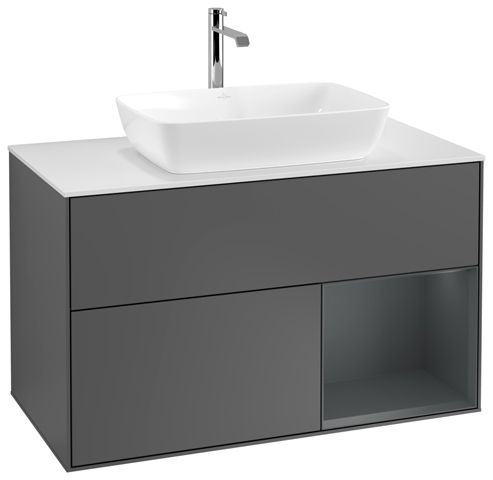 V&B Waschtisch-Unterschrank Wandbeleuchtung Finion 100cm, Abdeckplatte white matt, Regal Midnight matt lacquer, Anthracite matt