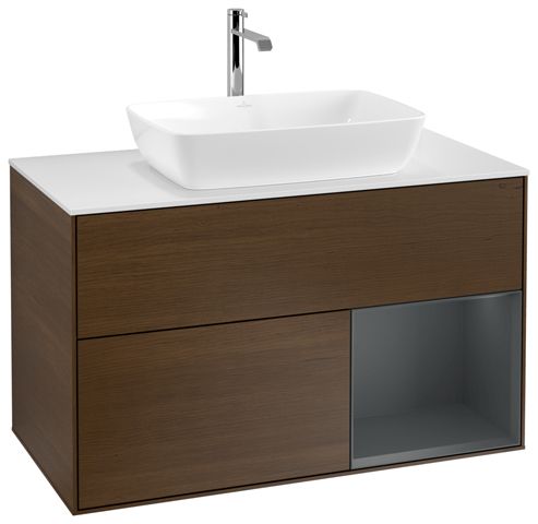 V&B Waschtisch-Unterschrank Wandbeleuchtung Finion 100cm, Abdeckplatte white matt, Regal Midnight matt lacquer, Walnut veneer