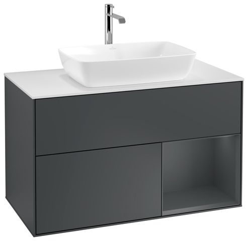 V&B Waschtisch-Unterschrank Wandbeleuchtung Finion 100cm, Abdeckplatte white matt, Regal Midnight matt lacquer, Midnight Blue Matt Lacquer