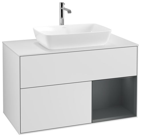 V&B Waschtisch-Unterschrank Wandbeleuchtung Finion 100cm, Abdeckplatte white matt, Regal Midnight matt lacquer, White matt lacquer