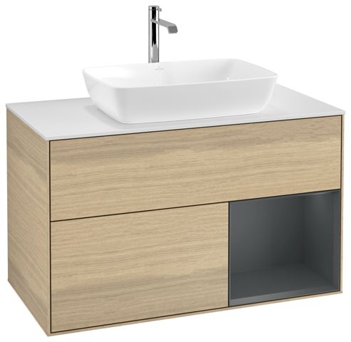 V&B Waschtisch-Unterschrank Wandbeleuchtung Finion 100cm, Abdeckplatte white matt, Regal Midnight matt lacquer, Oak Veneer