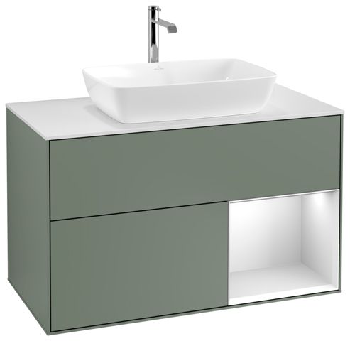 V&B Waschtisch-Unterschrank Wandbeleuchtung Finion 100cm, Abdeckplatte white matt, Regal White matt lacquer, Olive Matt Lacquer