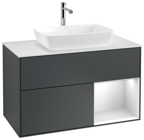 V&B Waschtisch-Unterschrank Wandbeleuchtung Finion 100cm, Abdeckplatte white matt, Regal White matt lacquer, Midnight Blue Matt Lacquer