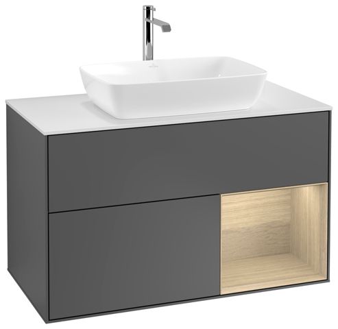 V&B Waschtisch-Unterschrank Wandbeleuchtung Finion 100cm, Abdeckplatte white matt, Regal Oak Veneer, Anthracite matt