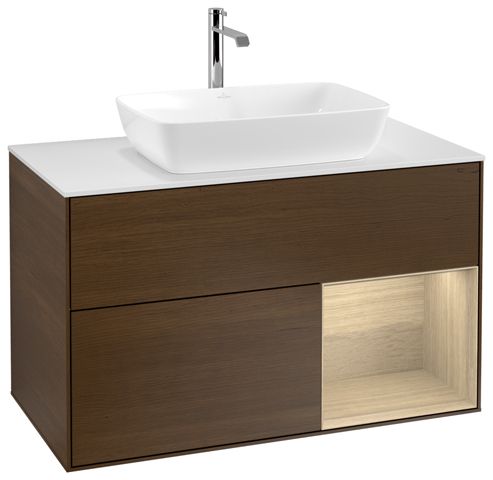 V&B Waschtisch-Unterschrank Wandbeleuchtung Finion 100cm, Abdeckplatte white matt, Regal Oak Veneer, Walnut veneer