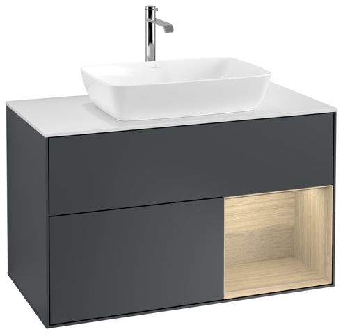 V&B Waschtisch-Unterschrank Wandbeleuchtung Finion 100cm, Abdeckplatte white matt, Regal Oak Veneer, Midnight Blue Matt Lacquer
