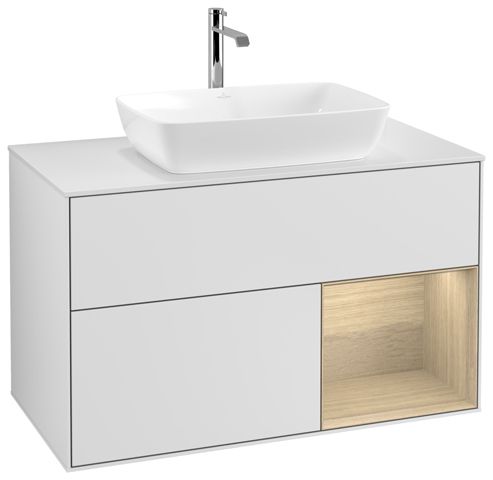 V&B Waschtisch-Unterschrank Wandbeleuchtung Finion 100cm, Abdeckplatte white matt, Regal Oak Veneer, White matt lacquer