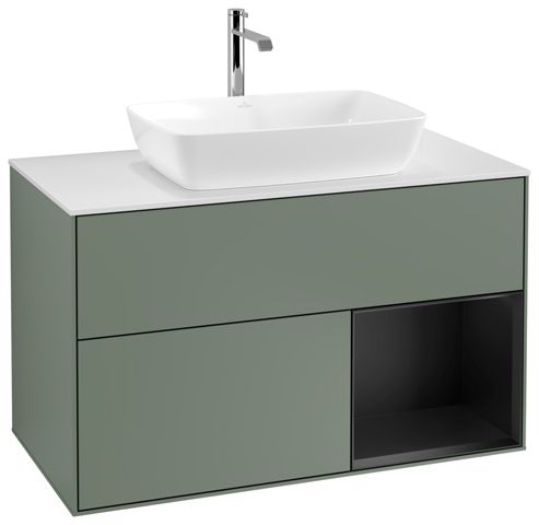 V&B Waschtisch-Unterschrank Wandbeleuchtung Finion 100cm, Abdeckplatte white matt, Regal Black matt lacquer, Olive Matt Lacquer