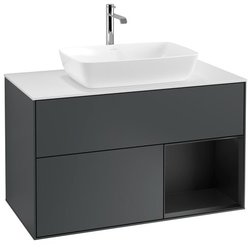 V&B Waschtisch-Unterschrank Wandbeleuchtung Finion 100cm, Abdeckplatte white matt, Regal Black matt lacquer, Midnight Blue Matt Lacquer