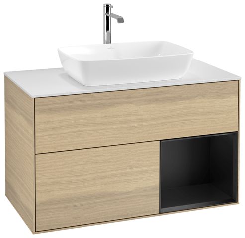 V&B Waschtisch-Unterschrank Wandbeleuchtung Finion 100cm, Abdeckplatte white matt, Regal Black matt lacquer, Oak Veneer