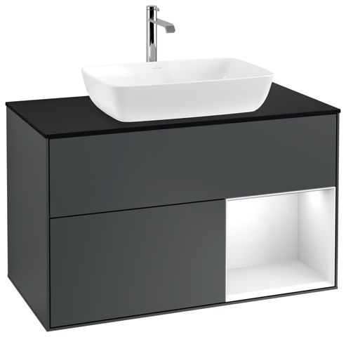 V&B Waschtisch-Unterschrank Wandbeleuchtung Finion 100cm, Abdeckplatte black matt, Regal Glossy white lacquer, Midnight Blue Matt Lacquer