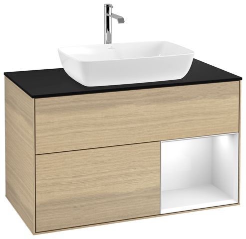 V&B Waschtisch-Unterschrank Wandbeleuchtung Finion 100cm, Abdeckplatte black matt, Regal Glossy white lacquer, Oak Veneer