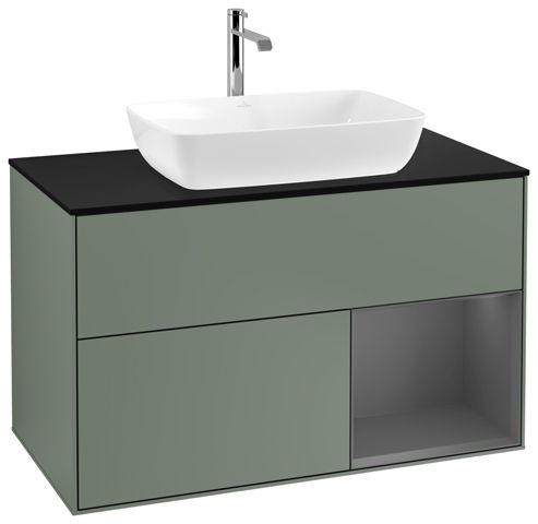 V&B Waschtisch-Unterschrank Wandbeleuchtung Finion 100cm, Abdeckplatte black matt, Regal Anthracite matt lacquer, Olive Matt Lacquer