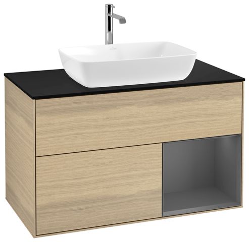 V&B Waschtisch-Unterschrank Wandbeleuchtung Finion 100cm, Abdeckplatte black matt, Regal Anthracite matt lacquer, Oak Veneer