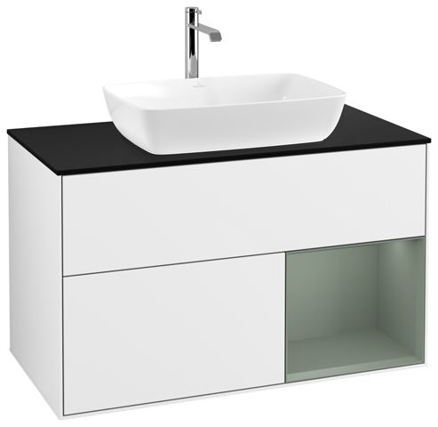 V&B Waschtisch-Unterschrank Wandbeleuchtung Finion 100cm, Abdeckplatte black matt, Regal Olive matt lacquer, Glossy white lacquer